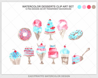 Watercolor Dessert Clip Art, Ice Cream Clip Art, Cupcakes Clip Art, Digital Watercolor Food Clipart, Pink Purple Candy Sweets, Cake Baking