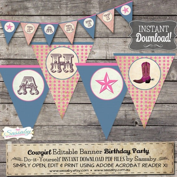 cowgirl party banner instant download editable printable