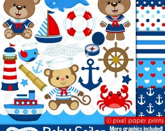 Nautical clipart - Clip art and digital paper set - Baby sailor