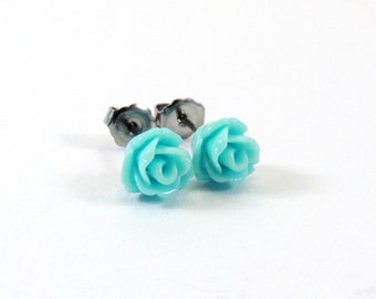 Aqua Blue Titanium Earrings Tiny Glossy Robin's Egg Rose Cabochon Stud Earring Hypoallergenic Minimalist Jewelry Bridesmaid Wedding