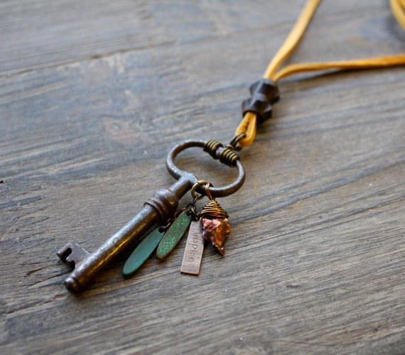 Antique Skeleton Key on Leather Necklace Inspirational Pearl