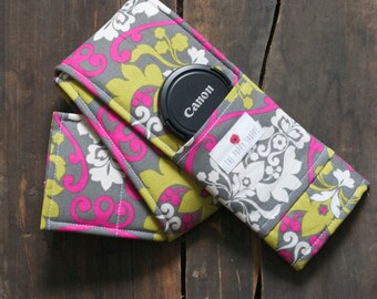 Camera Strap Cover- lens cap pocket and padding included- Gray, Pink and Green
