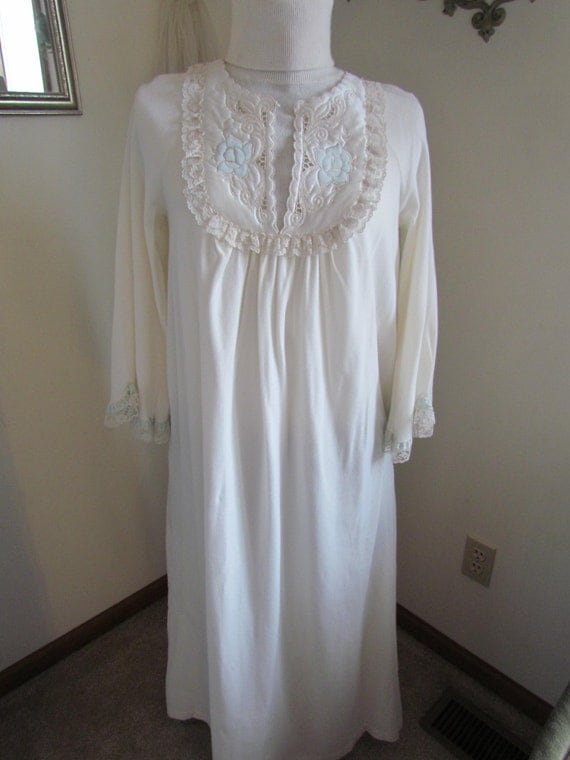 Long Sleeved Cotton Nylon Nightgown Victorian Ivory Womens