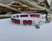 Red Rose Bracelet Handmade Japanese Power Stone Czech Glass LeatherWrap Stackable Layer Bracelet by Off on a Whim pink stones red glass bead