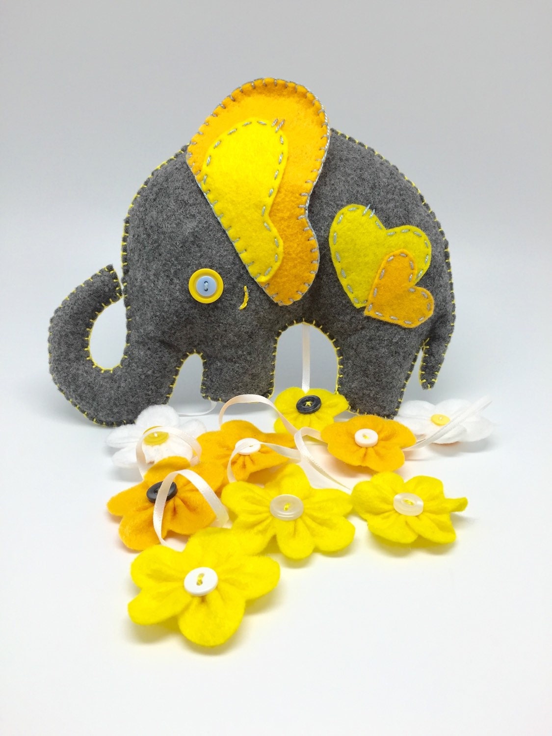 Felt Elephant mobile baby shower gift yellow felt flowers