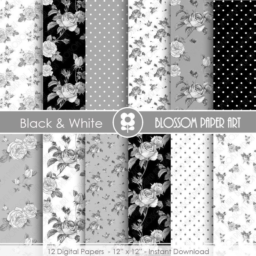 Black and White Floral Paper Rose Digital Paper Pack Roses