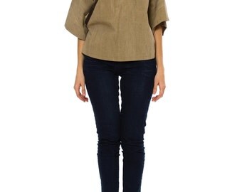 1980s Beige Top with Leather Details Size: S/M