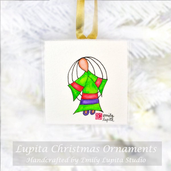 Christmas Ornament: ORIGINAL Watercolor Painting on Canvas - Unique Handmade Holiday Christmas Gift Christmas Tree Angel Decoration