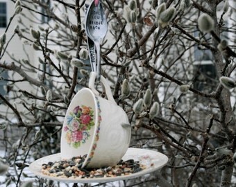 Teacup Bird Feeder with Hand Stamped Bent Spoon-Love You Birdie Much- Perfect Gift
