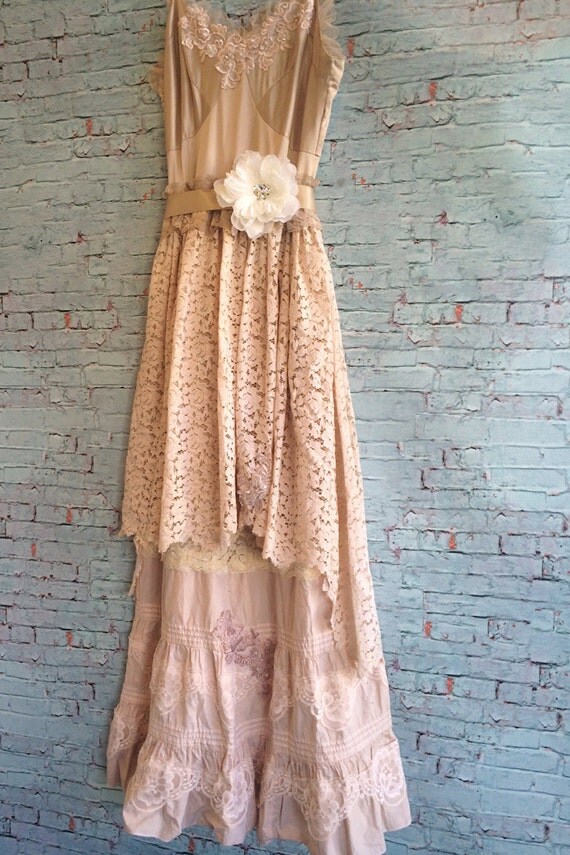 tan muted pink lace appliqué boho dress by mermaid miss k