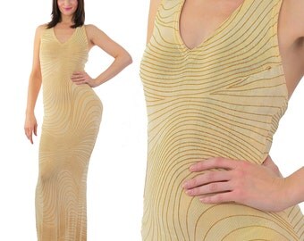 Gunne Sax Dress Deep V plunging striped maxi Party Disco Open back beige sleeveless Jessica Mcclintock Small medium