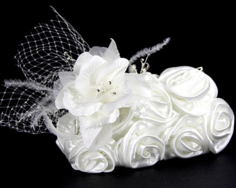 Ivory satin purse, bridal clutch - Satin bridal clutch w/ Exquisite Silk Flower & Crystal Accent, Bridal Purse, Satin Clutch, wedding dress