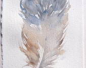 Feather painting original. Watercolor painting. Pastel blue beige feather painted by hand. Art original. Small watercolors 7 by 11