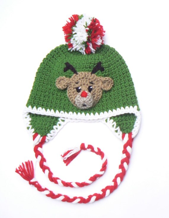 Items similar to Kids Christmas Hat with Reindeer,Toddler Child Crochet Earflap Winter Hat, Pom