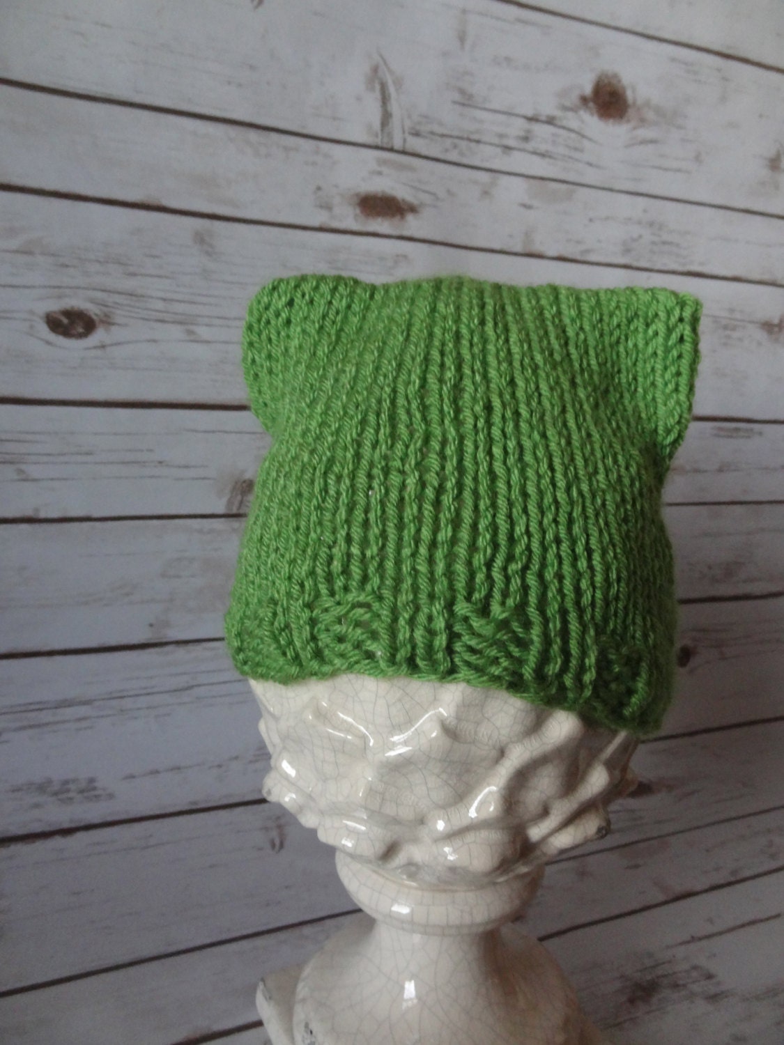 Toddler bright green hand knit square top beanie hat