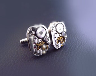 Steampunk cuff links, unisex steampunk cufflinks, rectangle steampunk cufflinks, mens steampunk, watch movement cuff links, pinstripe.