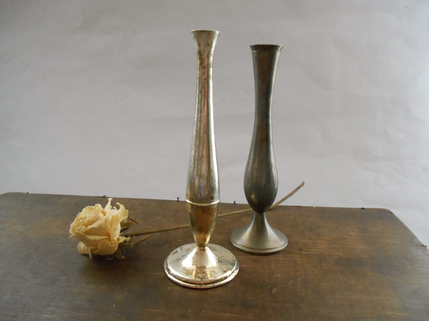 Vintage metal vase Set of 2 Small metal vase Slim vintage