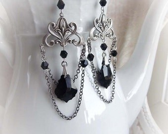 Dangle black Swarovski crystal earrings gothic victorian hanging earrings baroque renaissance earrings dangle black crystal earrings