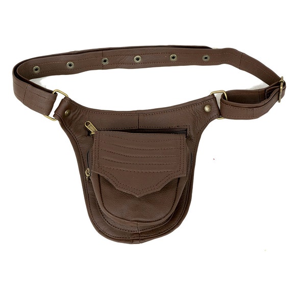 Brown leather utility belt for mens big pockets by