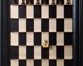 Black Maple Straight Up Chess Vertical Board with Black Contemporary Frame and German Knight design chess pieces.