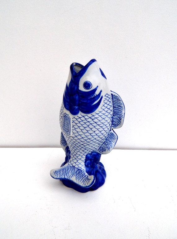Vintage Koi Fish Vase Chinese White and Cobalt Blue Fish Vase