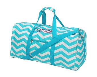 Monogrammed Aqua Chevron Duffle Bag | Personalized Duffle Bag, Cheer Team Duffle Bag, Aqua Chevron Duffle Bag 21"