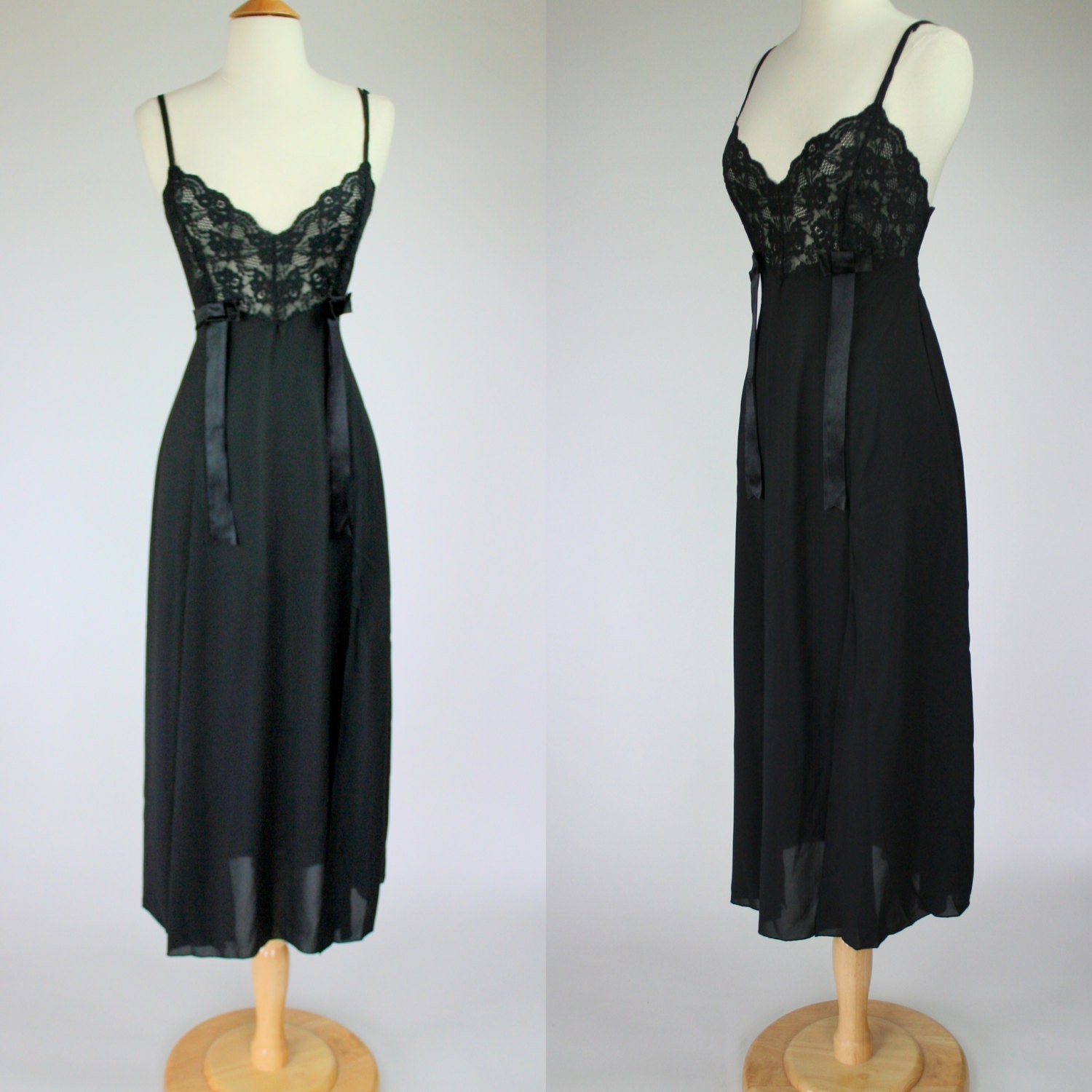 1980's night gown black negligee black rayon lace