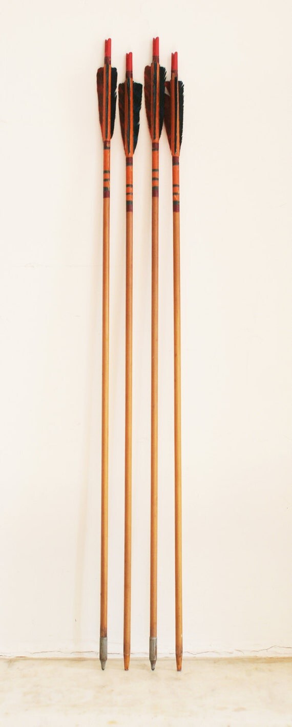 Vintage Wood Archery Arrows Set of Four Hand Painted Cedar