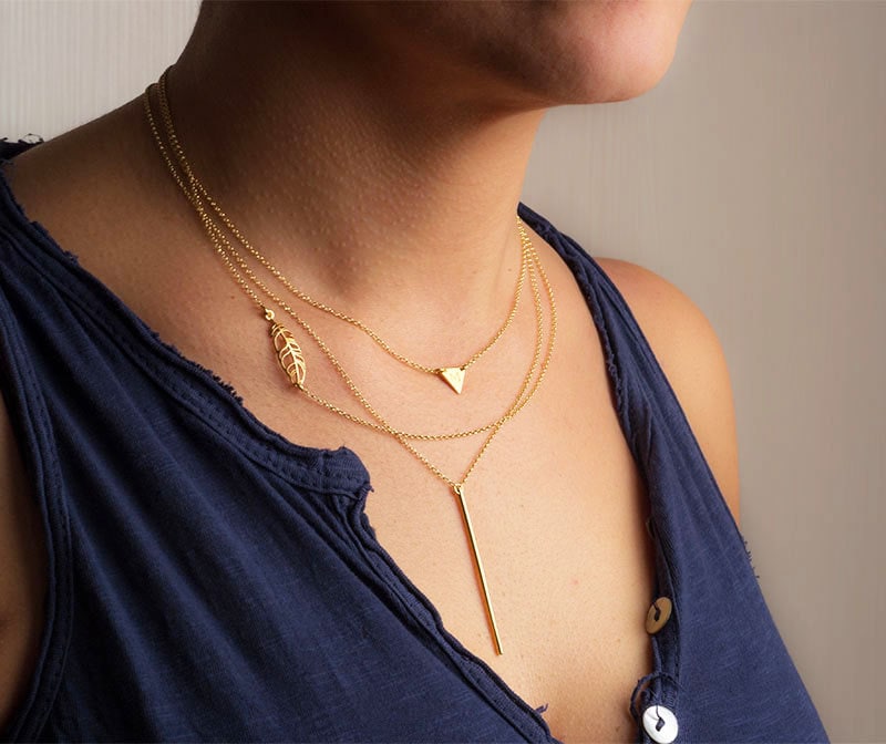 Gold Layered Necklace Set Sterling Silver Set of 3 Triangle