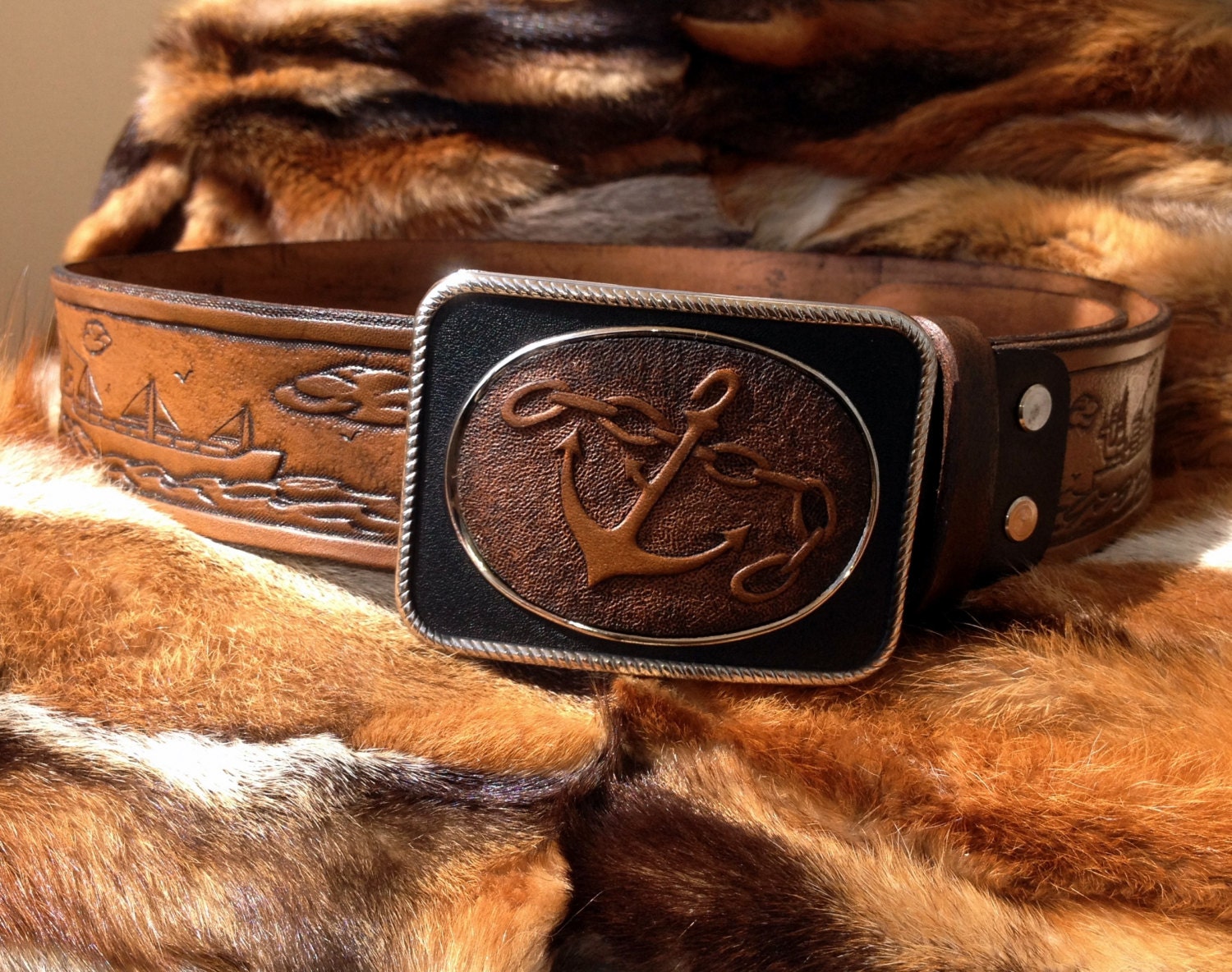 Hand tooled leather maritime belt custom order Maritime