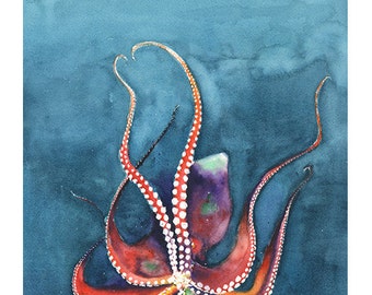 OCTOPUS ART PRINT - watercolor octopus painting, octopus decor, octopus wall art, octopus lover gift, sea life art, sea life painting