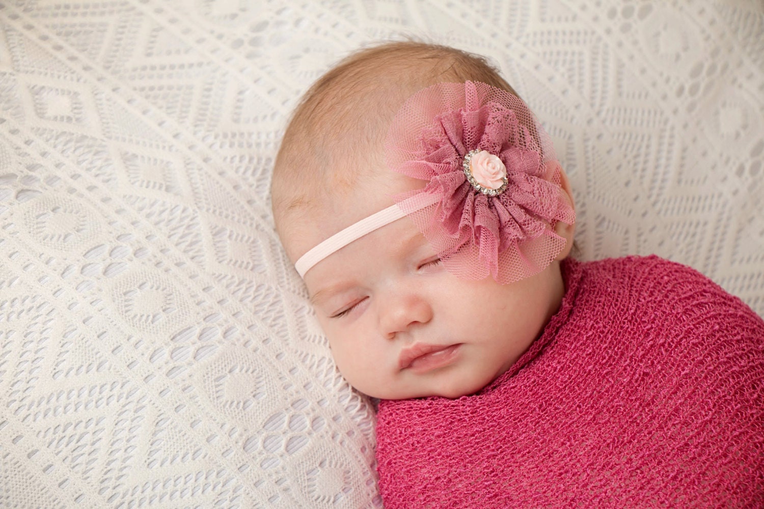 Mauve Lace Headband, Vintage Baby Headband, Mauve Flower Headband, Pink