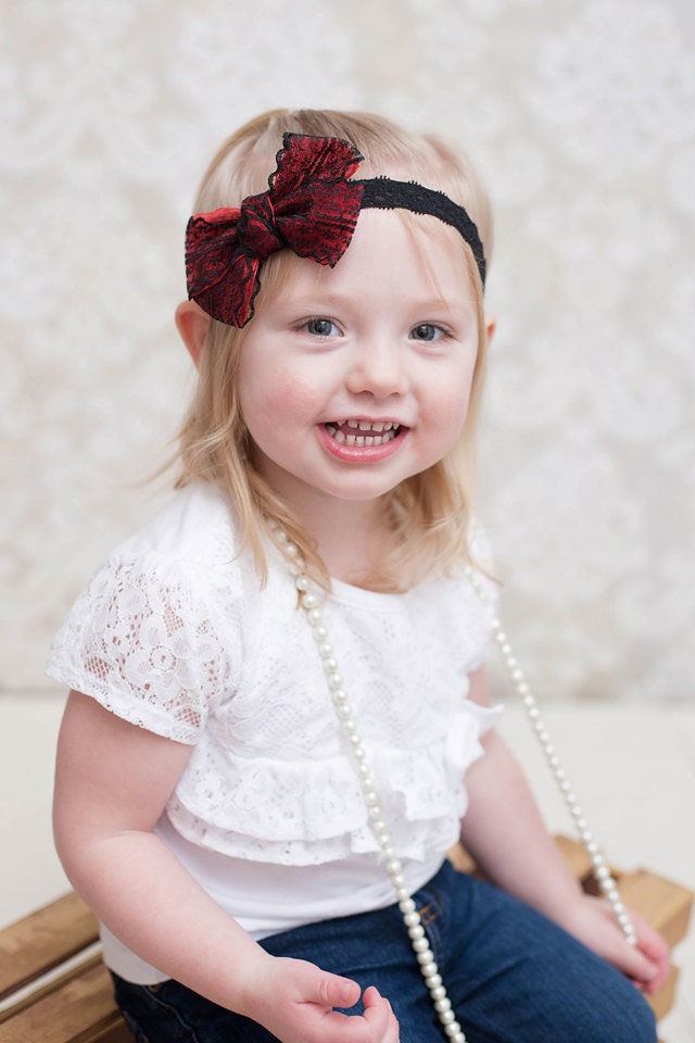 Black Lace Headband, Black Red Headband, Lace Bow Headband, Lace Baby
