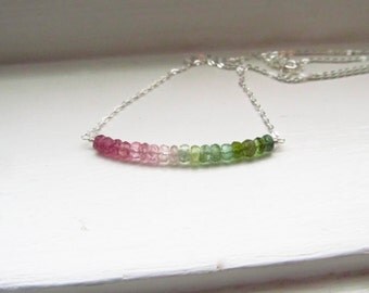 Watermelon tourmaline necklace October birthstone ombre gradient multi silver gold chain rondelles