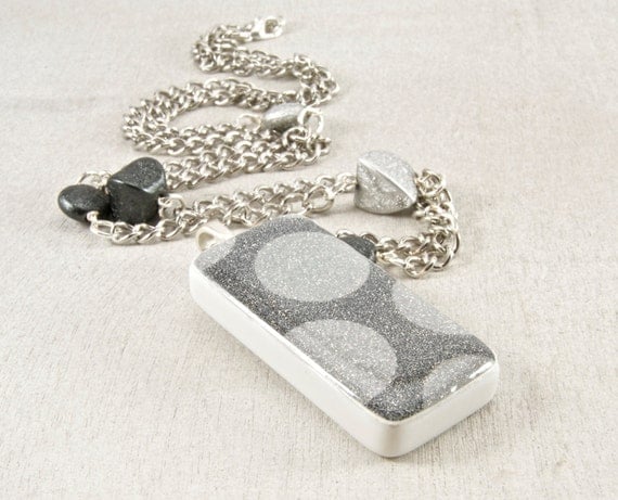 Silver Glitter Sparkle Domino Pendant Necklace