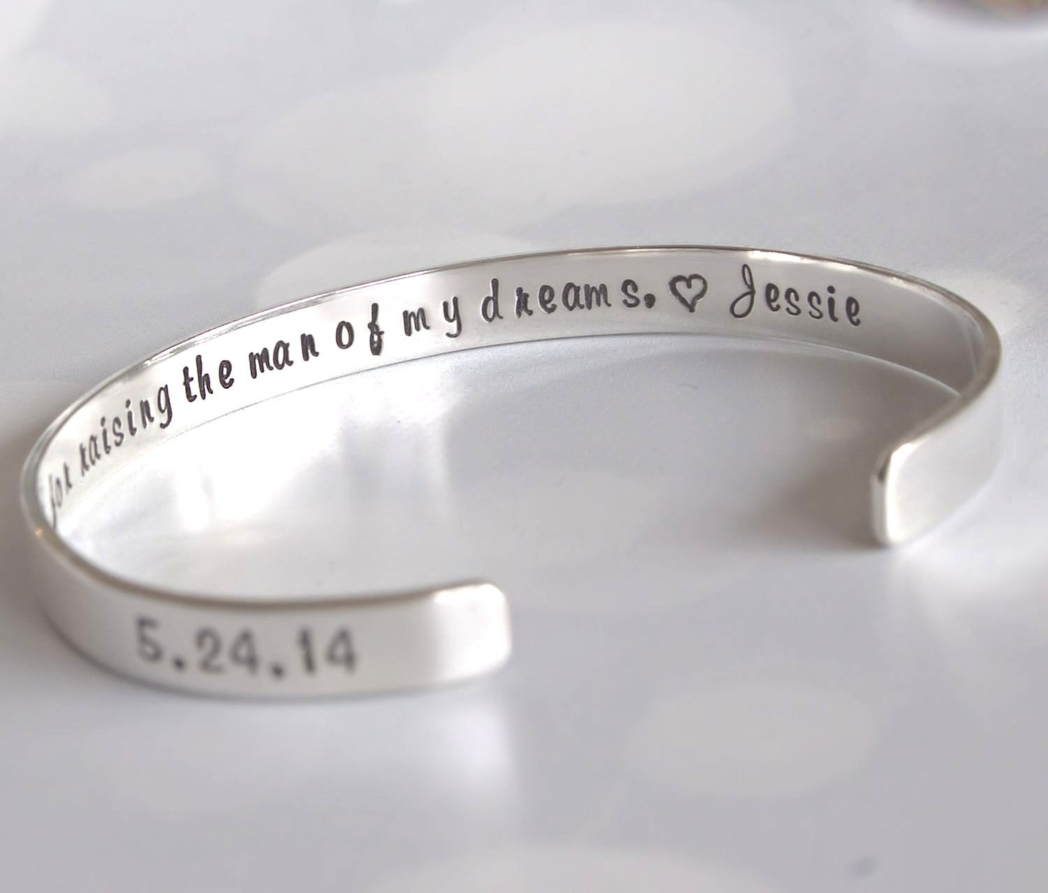 Mother of the Groom Gift, Thank You for Raising The Man of My Dreams Personalized Cuff Bracelet, Sterling Silver, Hand Stamped Bracelet
