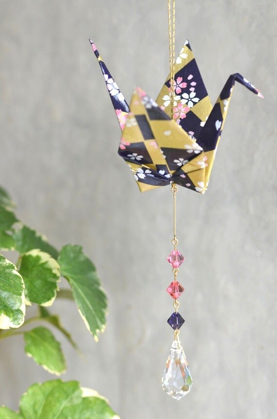 Origami Crane Suncatcher purple and gold Japanese paper with