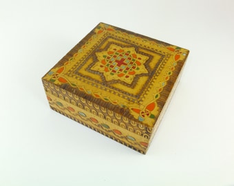 Vintage Wooden Pyrography Box, Hand Carved Painted Colorful Box Wood burning Tinket Box Celtic Box Celtic Knot