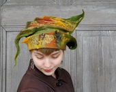Unique fancy felted hat , sculptural hat like leaf, elvish hat, autumn colors. OOAK