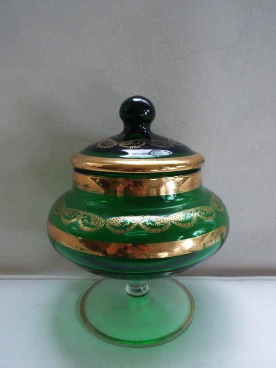 Emerald green glass pedestal candy dish gold stripe trim