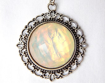 Rainbow Pendant Necklace; Silver Circle Pendant; Color Changing Jewelry; Faceted Cabochon Necklace; Dome Pendant; Aurora Borealis AB Jewelry