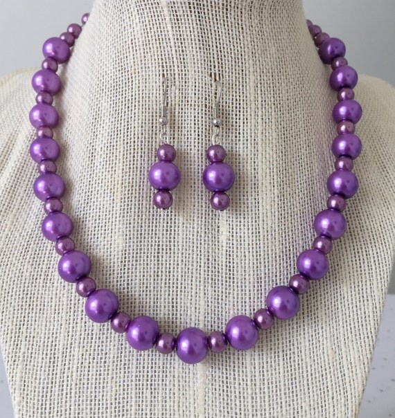 Purple Pearl Necklace / Purple Wedding Jewelry Set / Purple