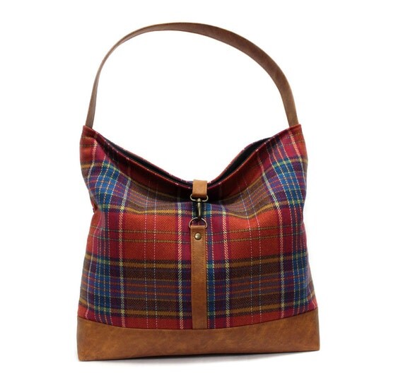 red plaid tote bag