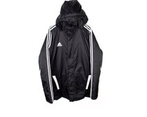 ADIDAS black puffy oversized hooded stadium jacket / health goth / soft ...