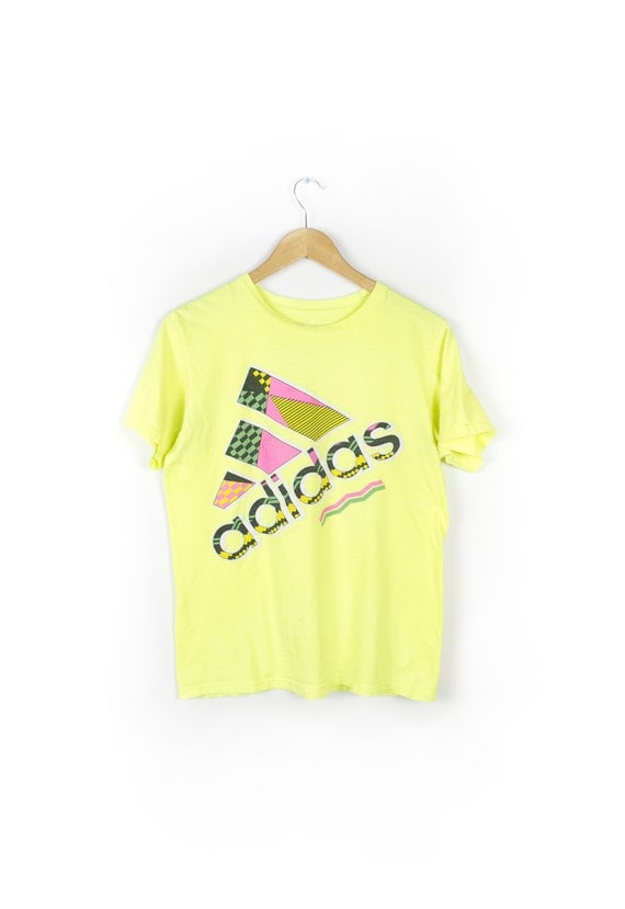 neon adidas t shirt / 90s dayglow pink and yellow / vaporwave
