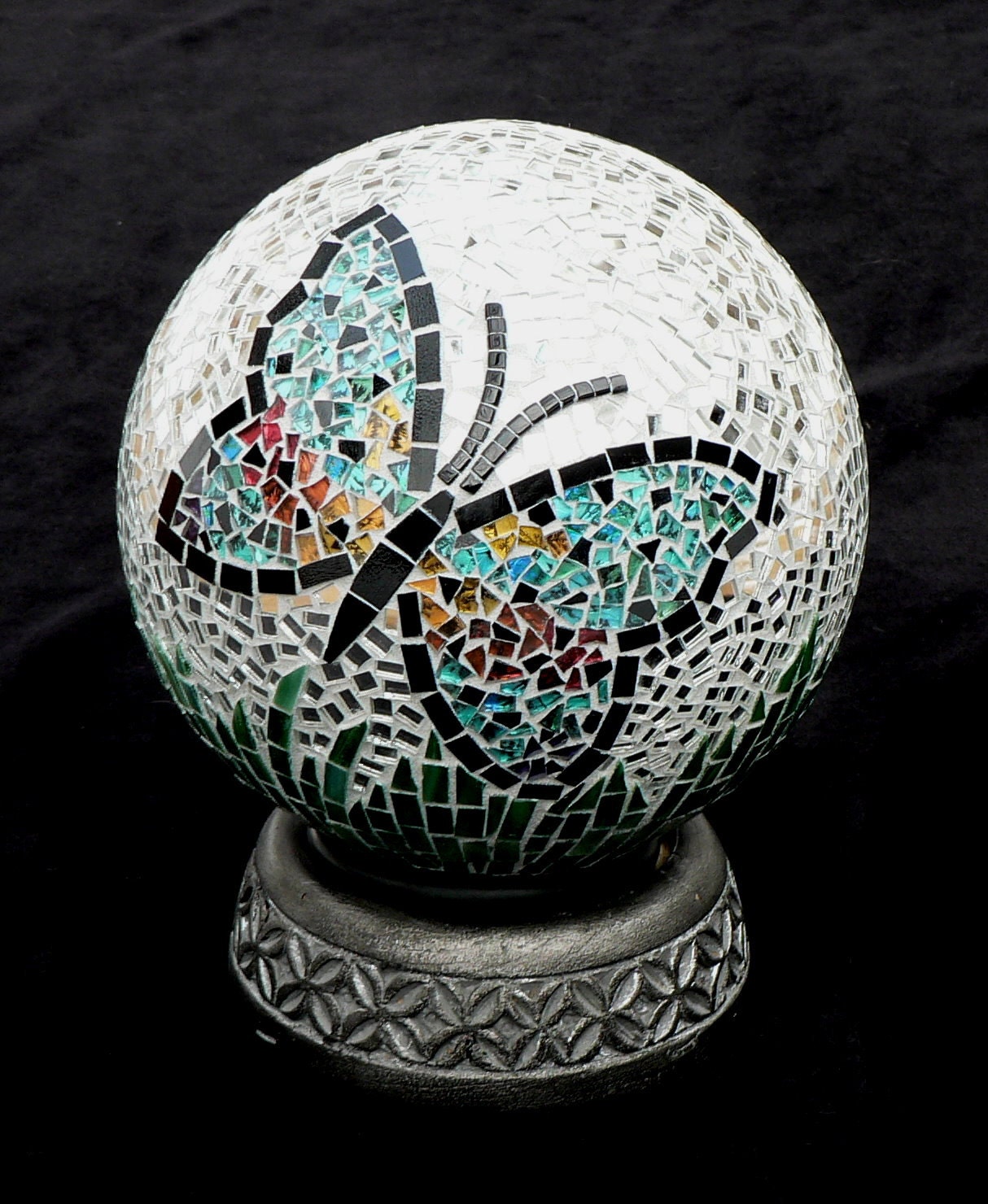 Glass Mosaic Gazing Ball w/LED Light Butterfly Fancy
