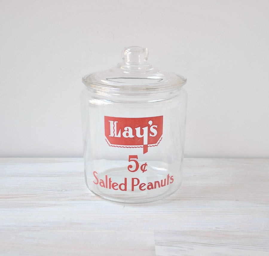 Vintage Lay's Peanuts glass jar with lid 1950's by TheGoldGator