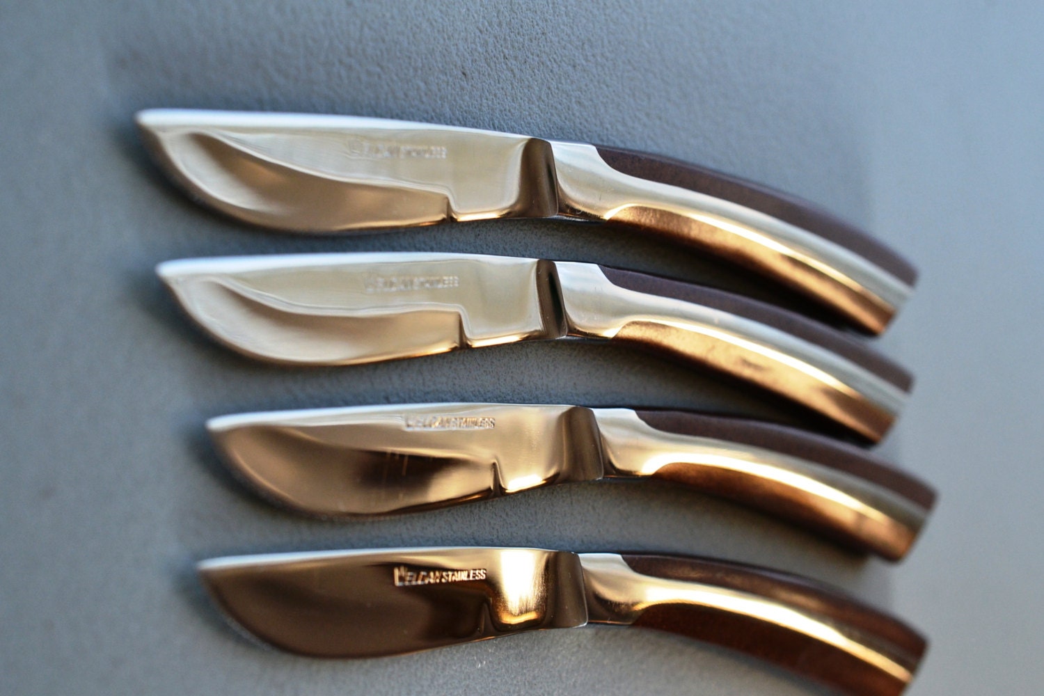 NOS Danish Modern Steak Knives Set of 4 Eldan ELD2 BROWN Japan Stainless Steel Teak Look