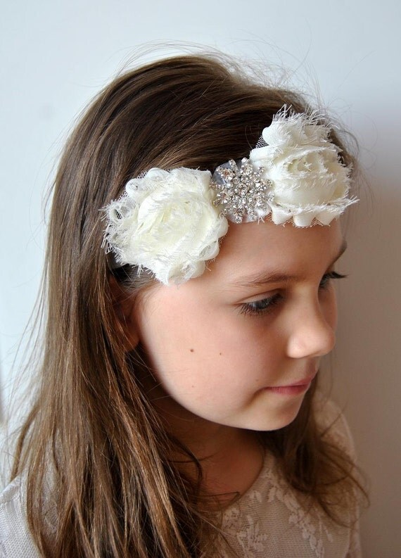 Ivory Shabby Chic Rhinestone Headband Flower Girl Headband