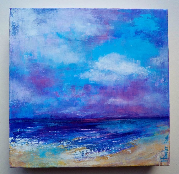 Seascape painting Original abstract Bold beach scene Violet